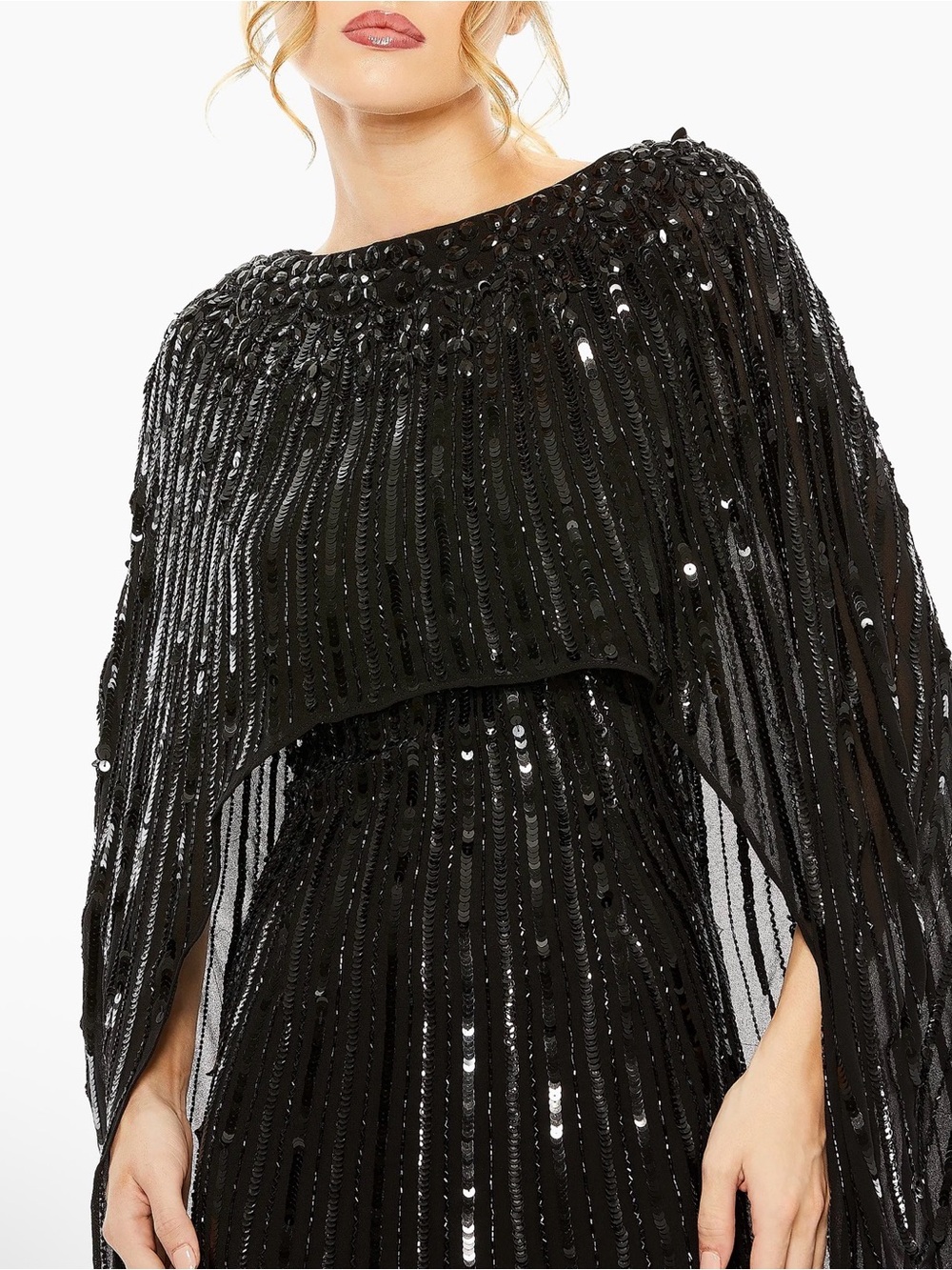 Mac Duggal Black Sequin Maxi Gown with Cape Overlay - Picture 2 of 6